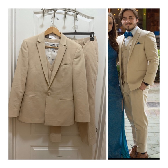 ASOS Beige Three-Piece “Wedding Suit”- Jacket Vest & Trousers. Slim Fit. 38S